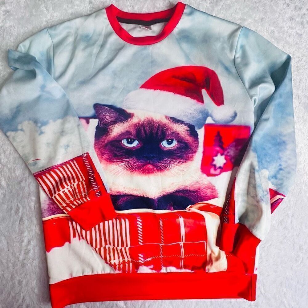 AideaOne Womens Multicolor Pre-Shrunk Santa Siamese Cat Pullover Shirt Large